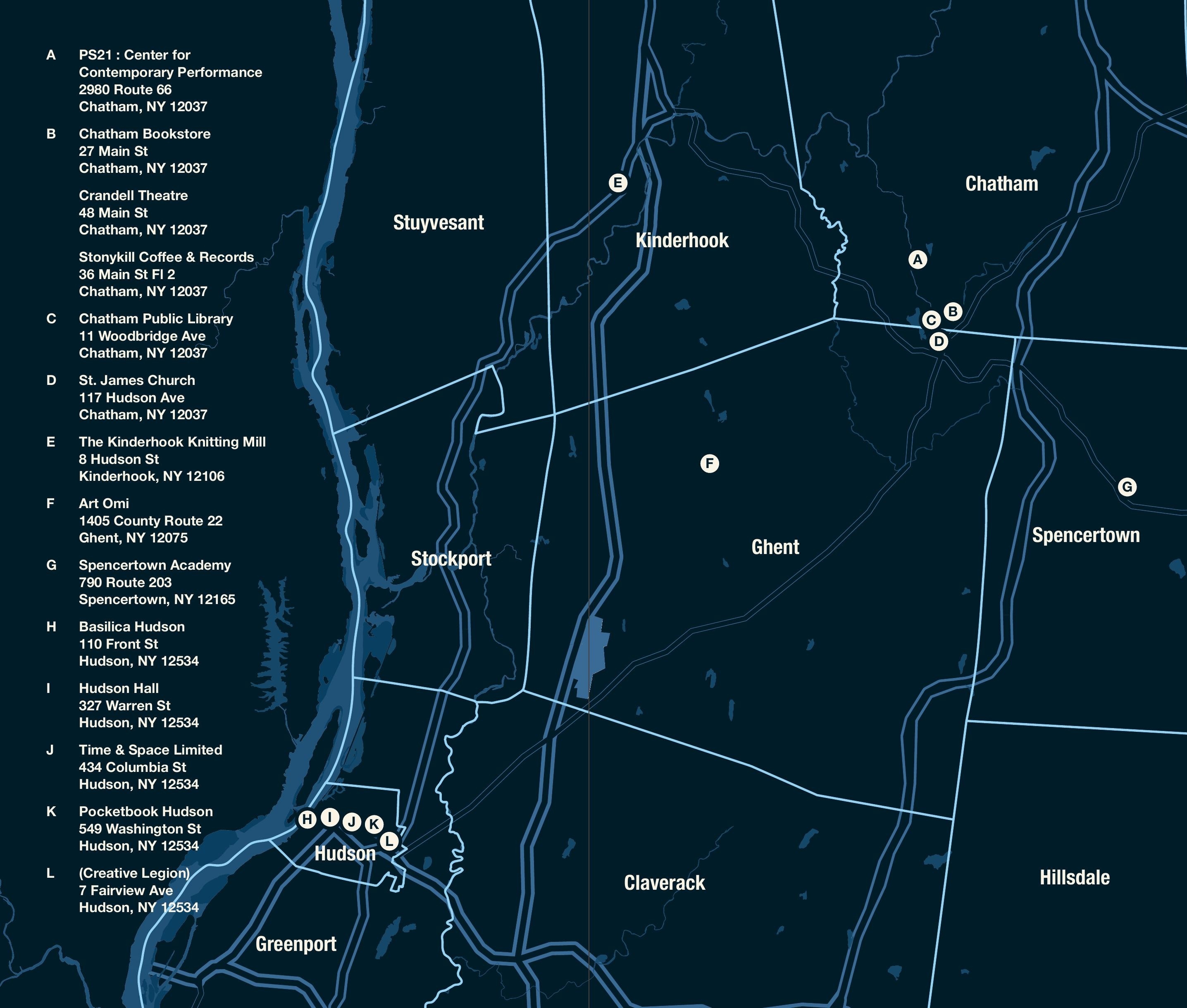 Map and address list of The Dark's partner locations across Columbia County